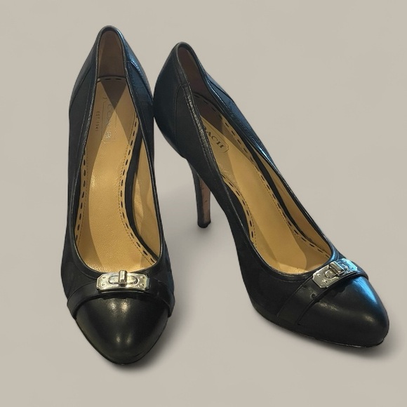 Coach Camille Signature Turn Lock Black Pump, Leather/Jacquard, Almond Toe, 8.5B - Picture 1 of 13